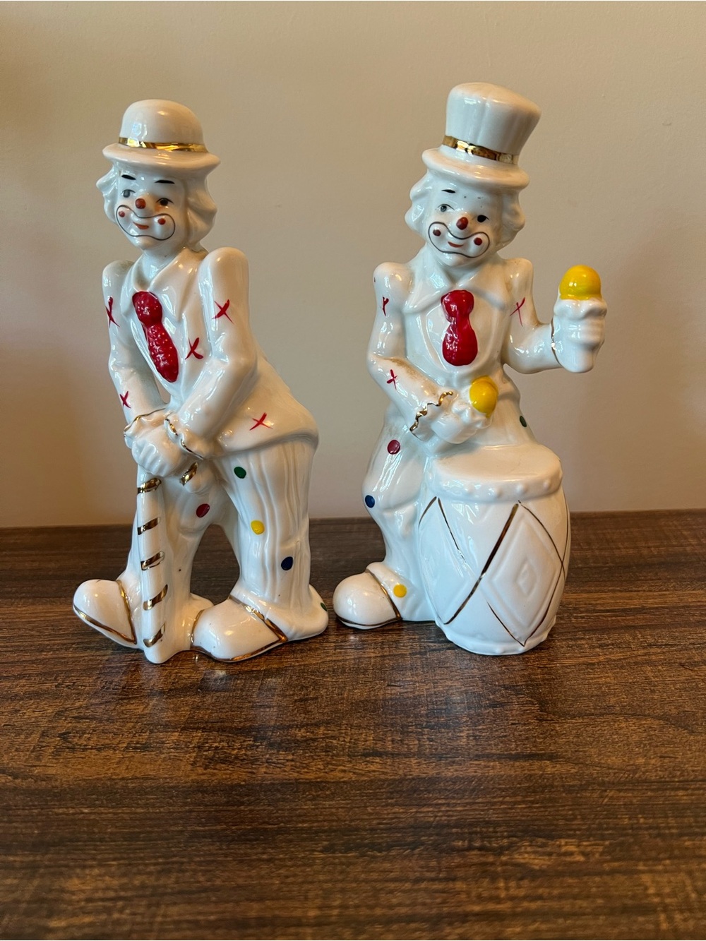 Set of 2 White Ceramic Clown Figurines red, yellow Vintage 7” tall